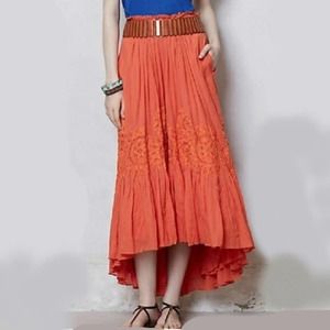 Anthropologie Floreat Orange Eyelet Lace Maxi Hi Lo Skirt Size Large EUC